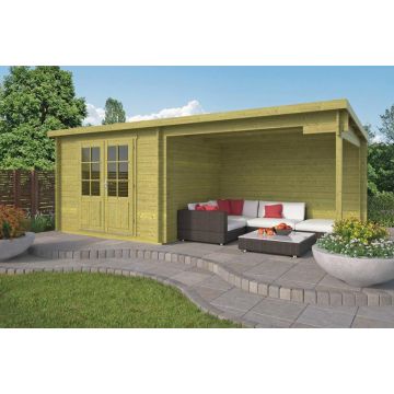 Blokhut - Tuinhuis Freddy Met Overkapping. Groen. Afmeting  B280+298xD250CM