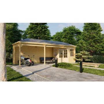 Blokhut - Tuinhuis Gretel Met Overkapping. Afmeting  790x250CM