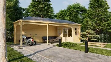 Blokhut - Tuinhuis Gretel Met Overkapping. Afmeting  790x250CM
