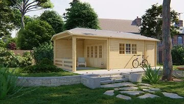 Blokhut - Tuinhuis Sibella Met Overkapping. Houtdikte 44MM. Afmeting B570xD420CM