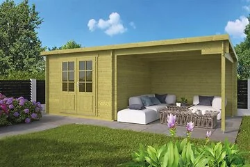 Blokhut - Tuinhuis Chappo Groen Met Overkapping 300 x 298+300cm.