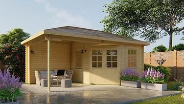 Blokhut - Tuinhuis Christoffer Met Overkapping. Houtdikte 28MM.  Afmeting B310 x