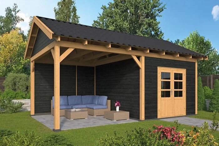 Planed Larch/Douglas Black Saddle Roof Hamar L Type 3
