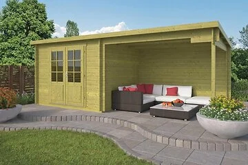 Blokhut - Tuinhuis Freddy Met Overkapping. Groen. Afmeting  B280+298xD250CM