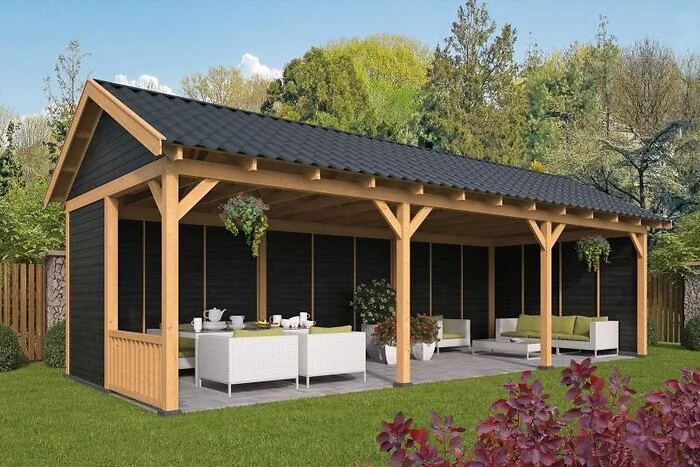 Planed Larch/Douglas Black Saddle Roof Hamar L Type 6